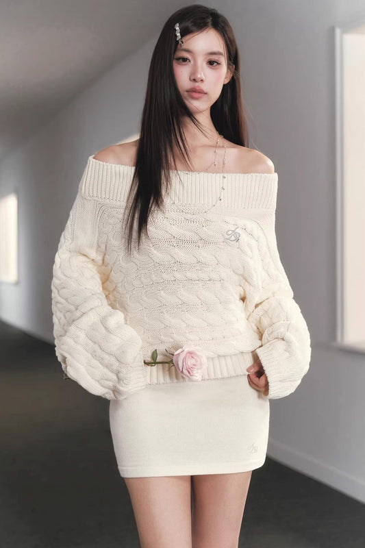 Slanted Shoulder Knit Sweater Set-Up