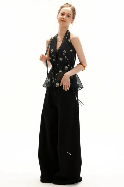 Black Floral Halter Tie Camisole Top Set-Up