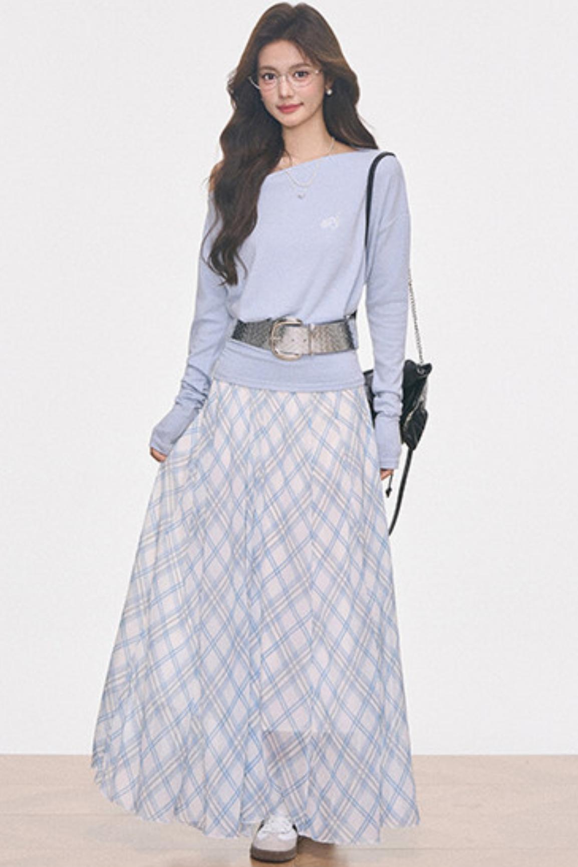 Knitted Off-Shoulder Top and Plaid Skirt Set-Up