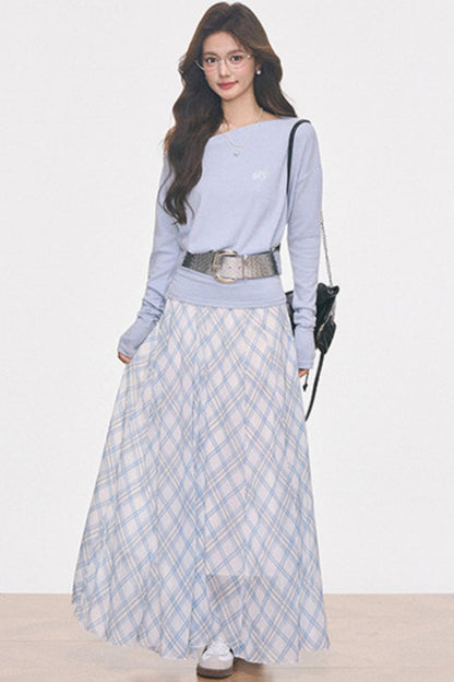 Knitted Off-Shoulder Top and Plaid Skirt Set-Up