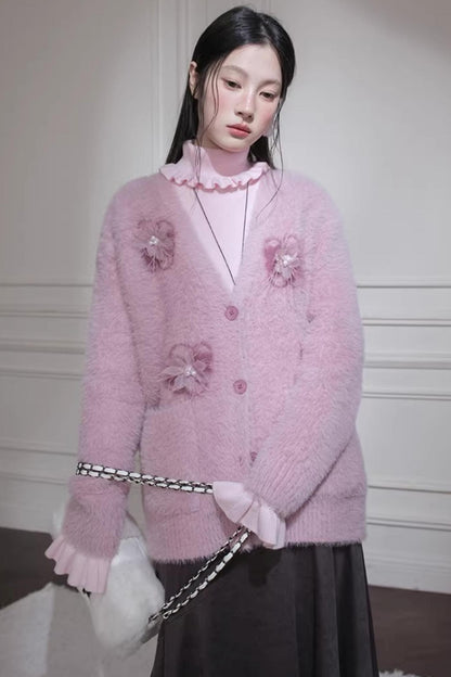 Pink Feather Flower Cardigan