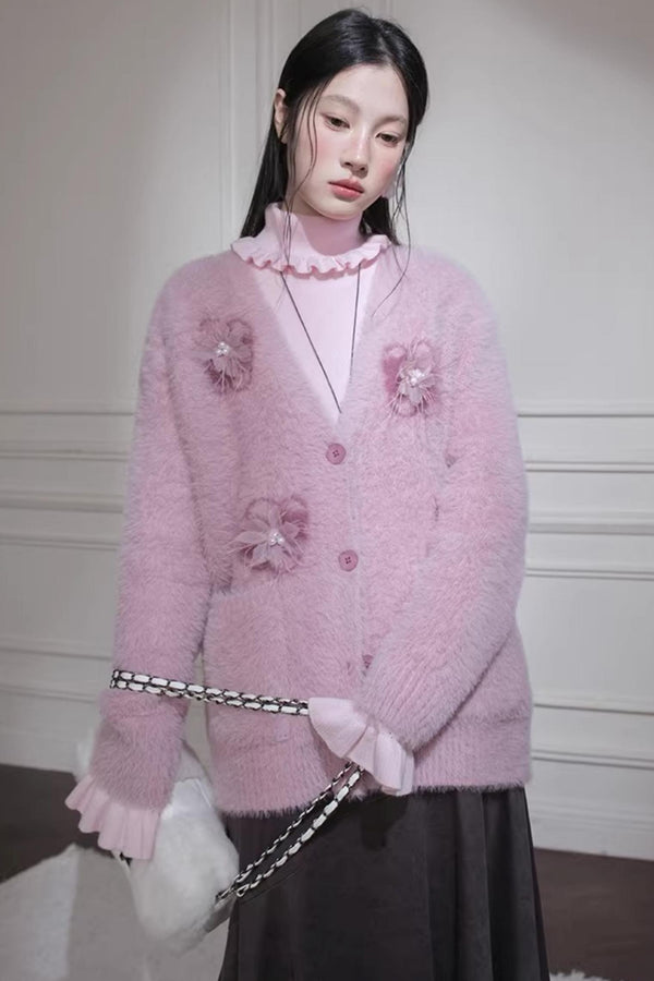 Pink Feather Flower Cardigan