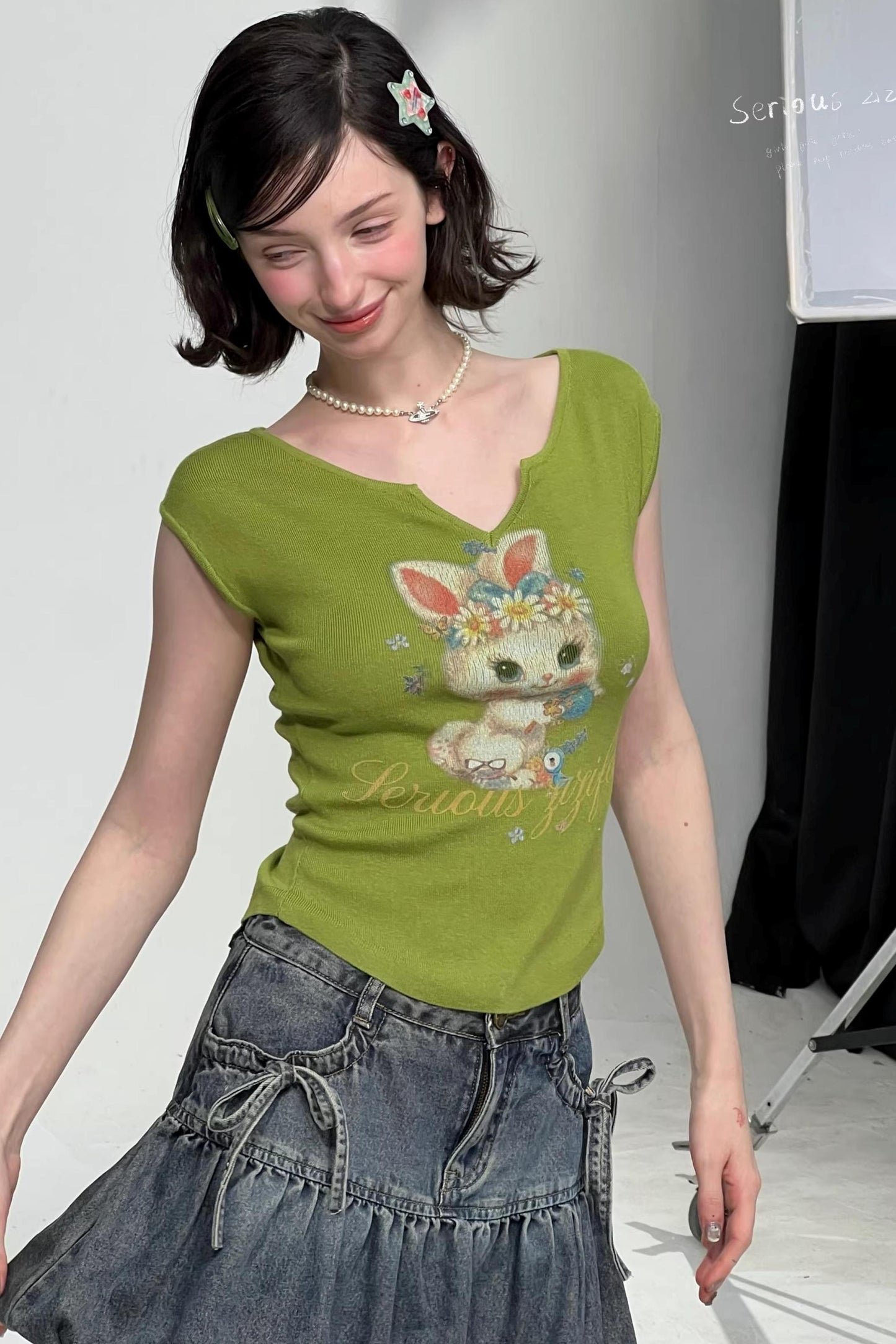 Green Rabbit Print Top