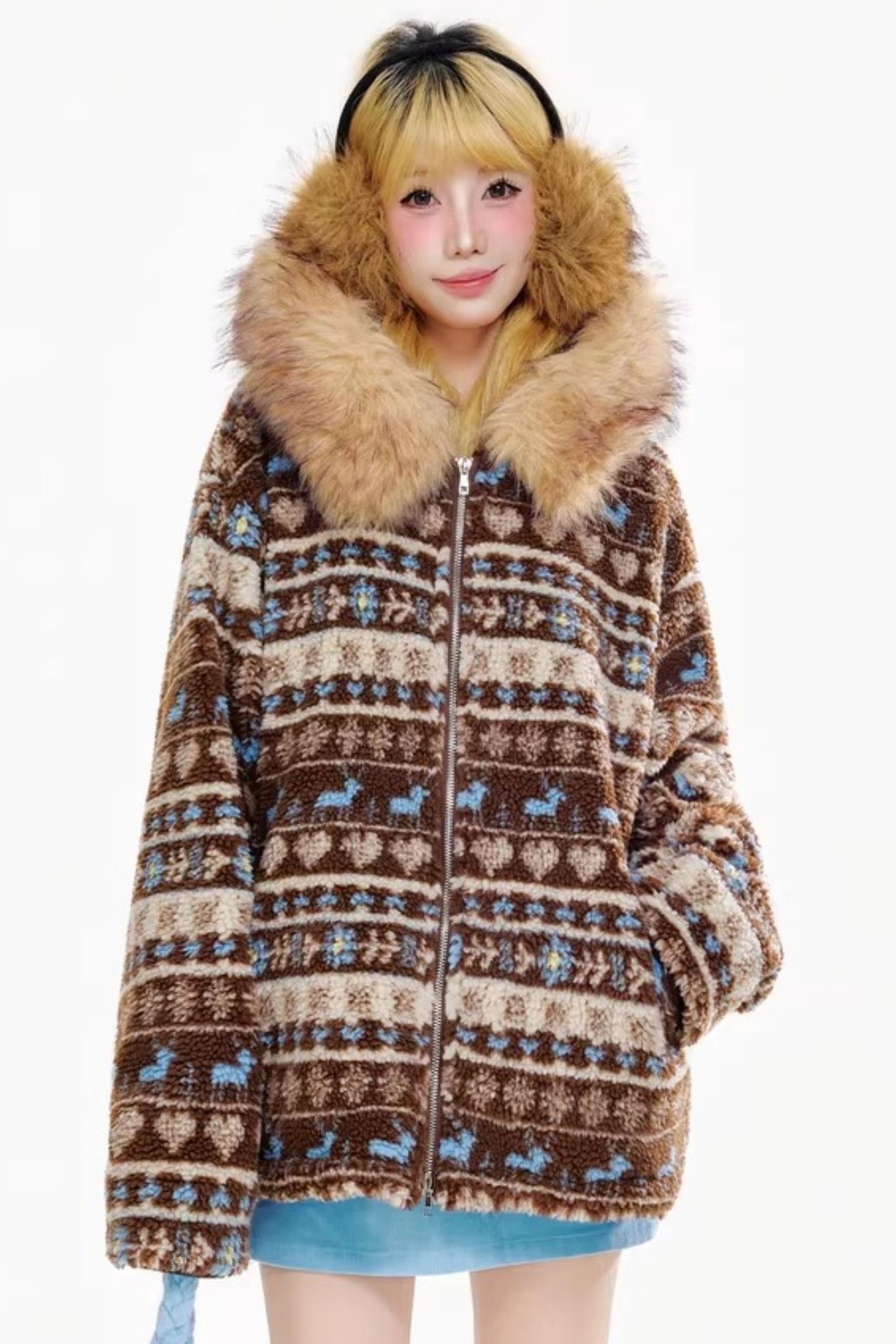 Fair Isle Lamb Wool Hooded Jacket