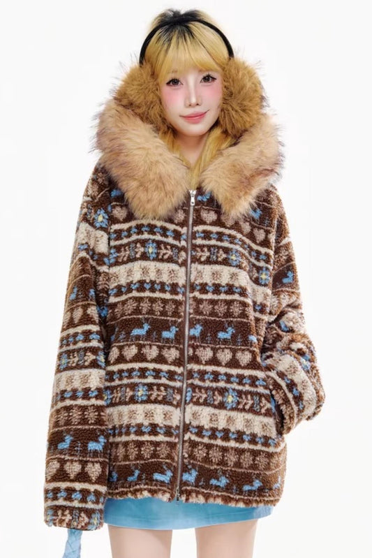 Fair Isle Lamb Wool Hooded Jacket