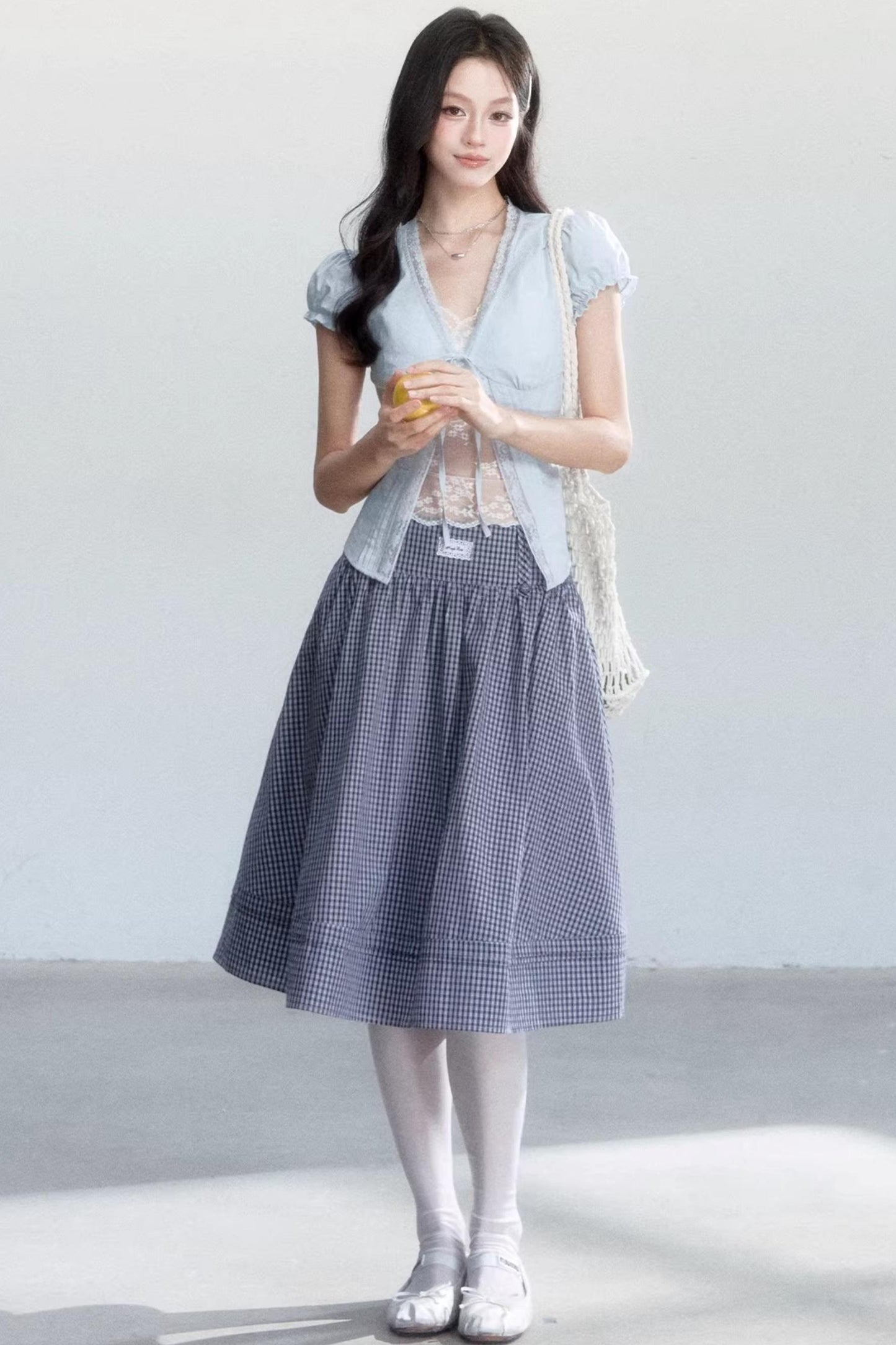 Lace-Up Top and Plaid Skirt Set-Up