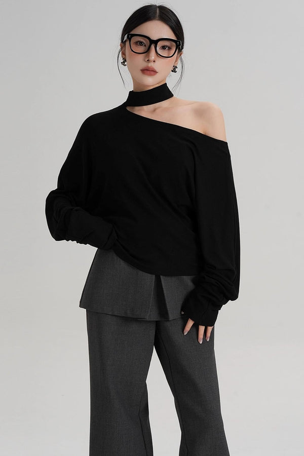 Halterneck Slanted Shoulder Long Sleeve Top