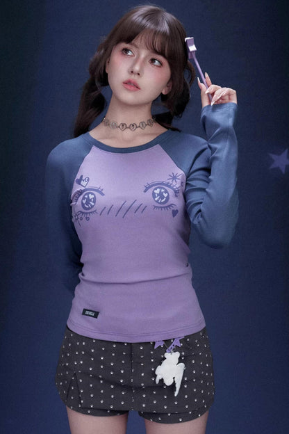 만화 눈매 래글런 티셔츠