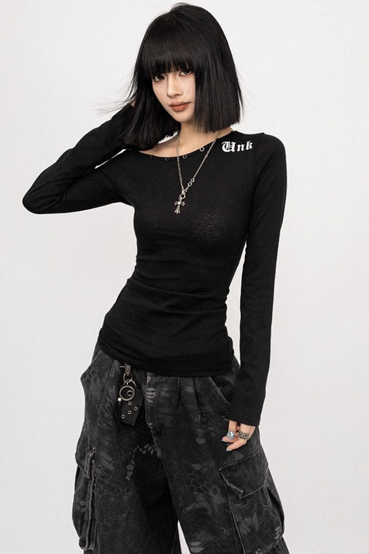 Autumn Retro Black Slanted Shoulder Long Sleeve Slim Top