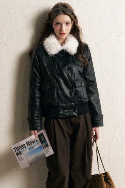Thickened Double-Breasted Leather Coat