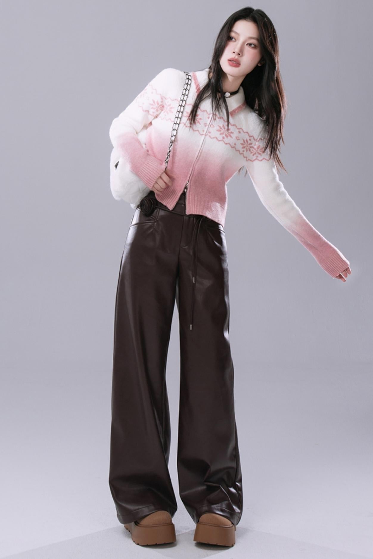 COTRE Angora red protein leather bottom wide-leg leather trousers