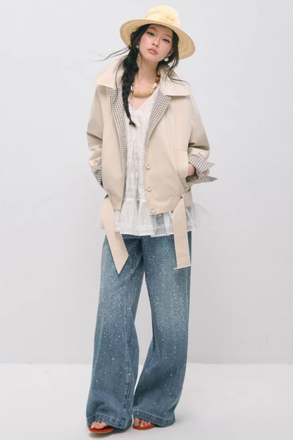 Jacke mit Karomuster, Patchwork, Revers und Knöpfen