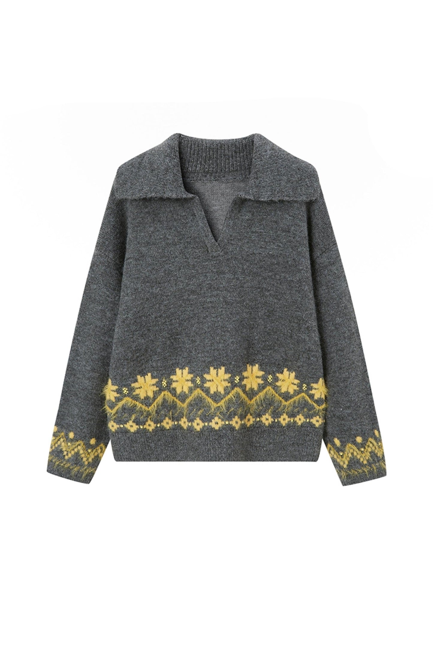 DIDDI MODA, Fair Isle Style, schwerer Vintage-Pullover mit Perlenstickerei und Revers für Frauen, Herbst/Winter-Pullover, Slouchy Style, vielseitiger Pullover