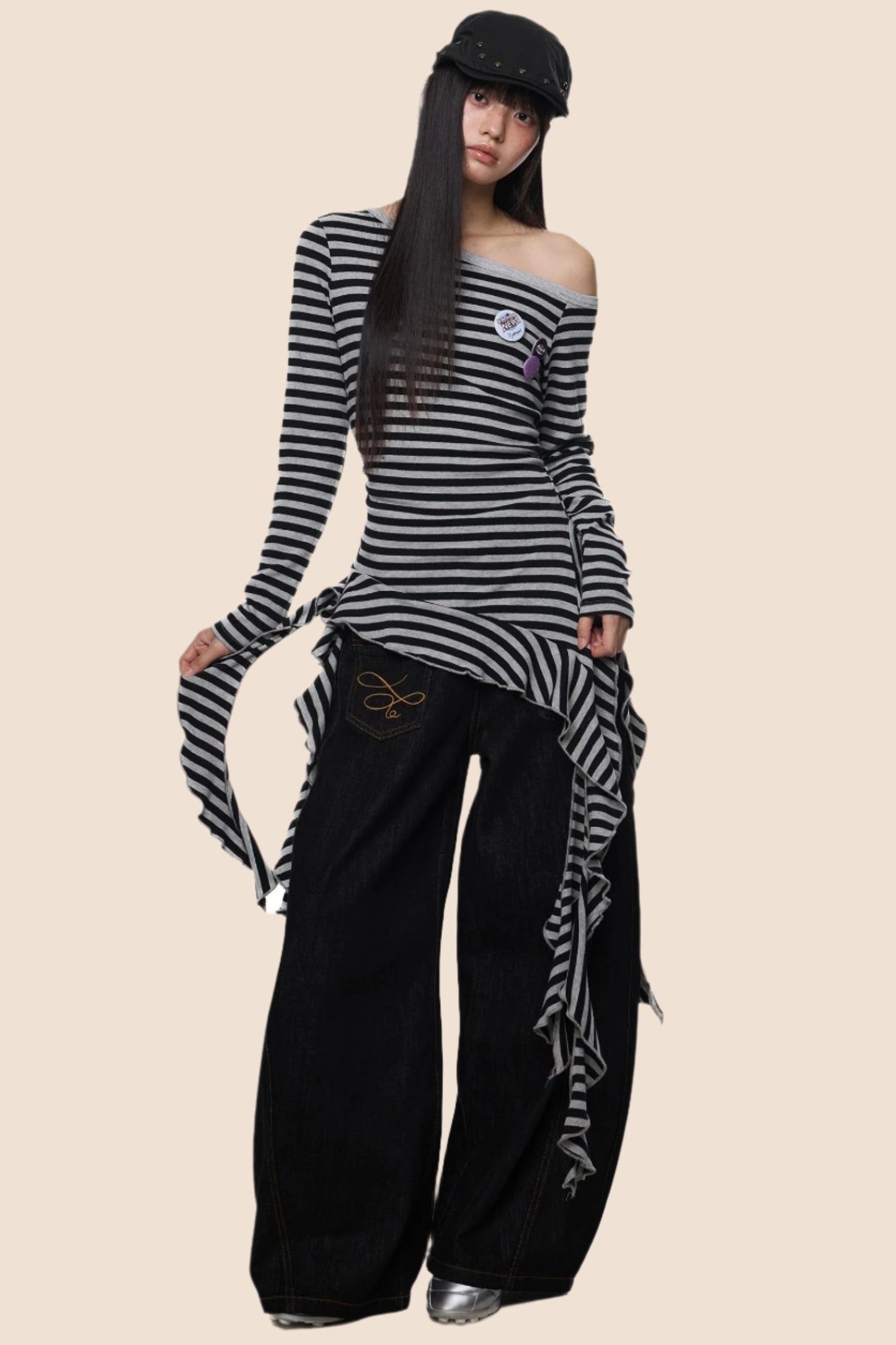 Tassel Detail Slanted Shoulder Top