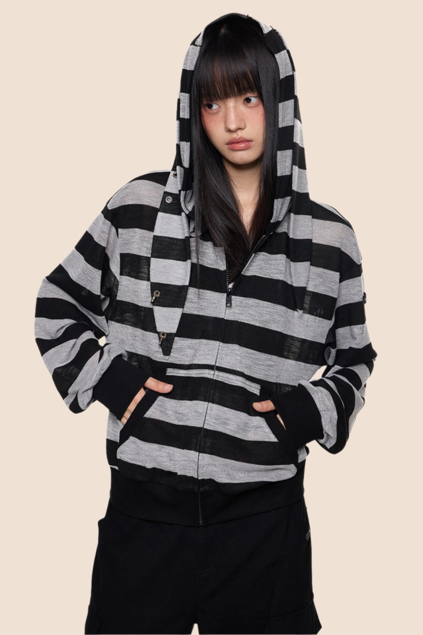 Rabbit Ears Stripe Hooded Long Sleeve Cardigan