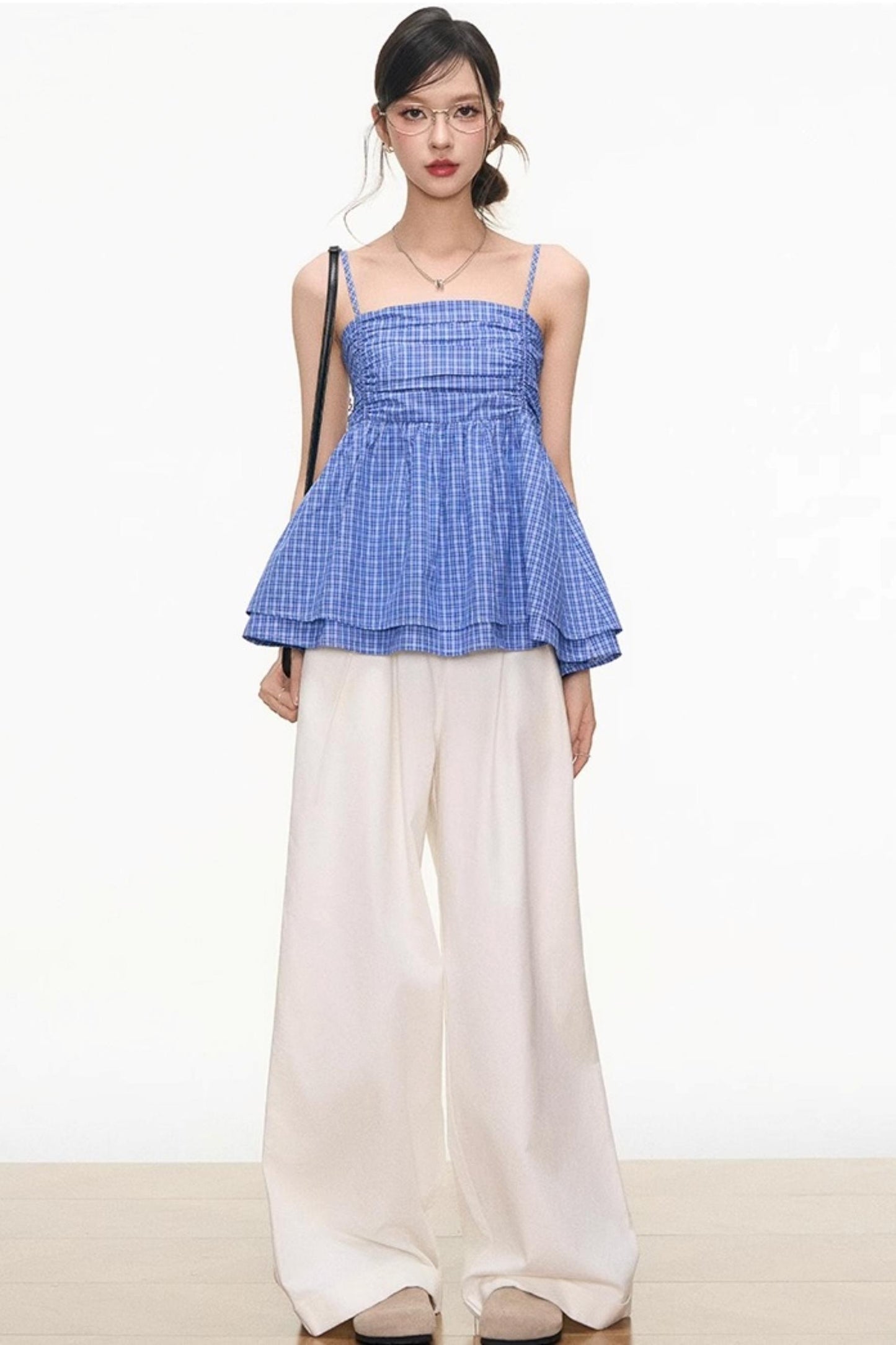 Plaid Strapless Top & White Pants Set-Up