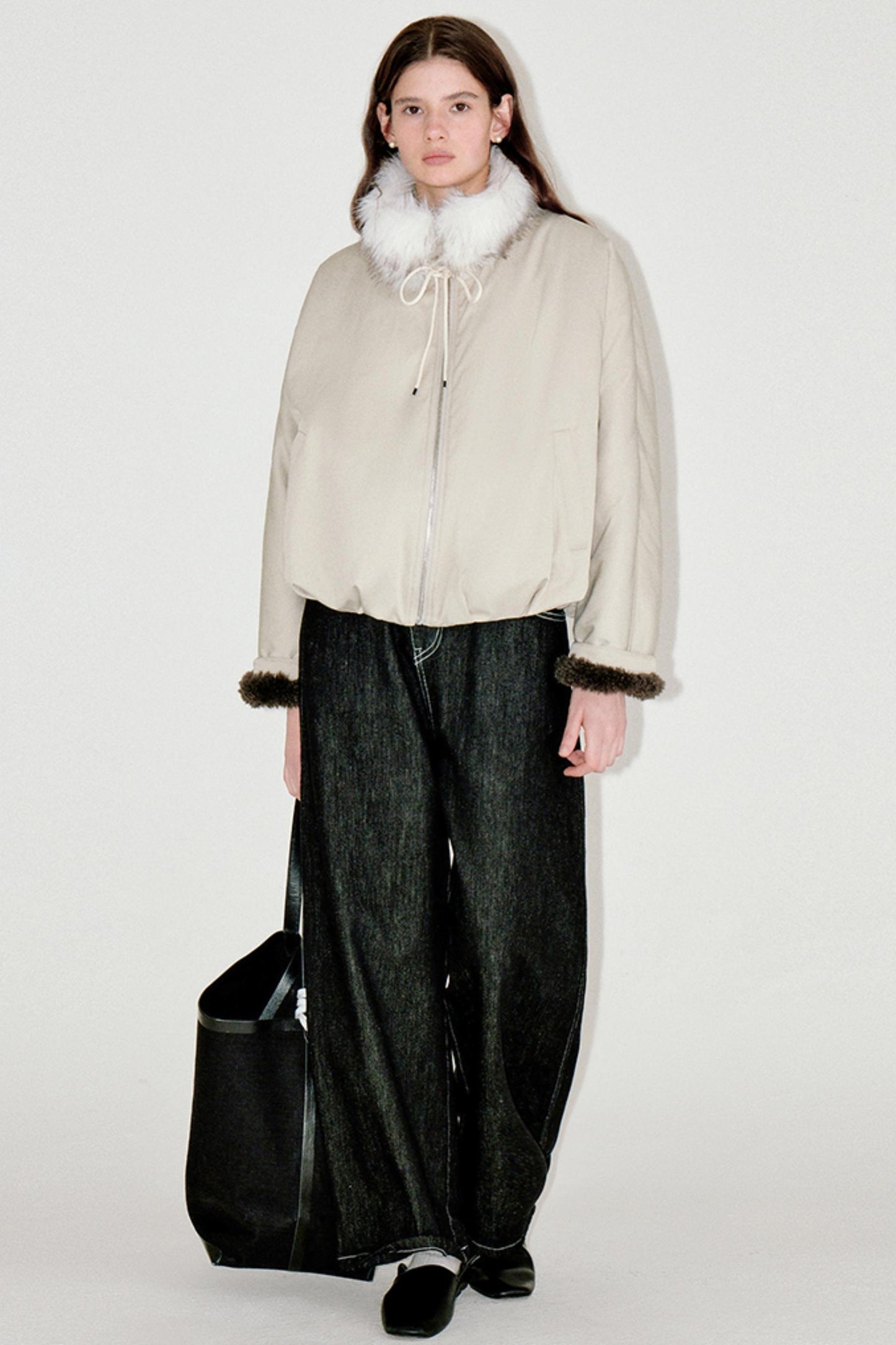 Beige Floral Fur Collar Jacket