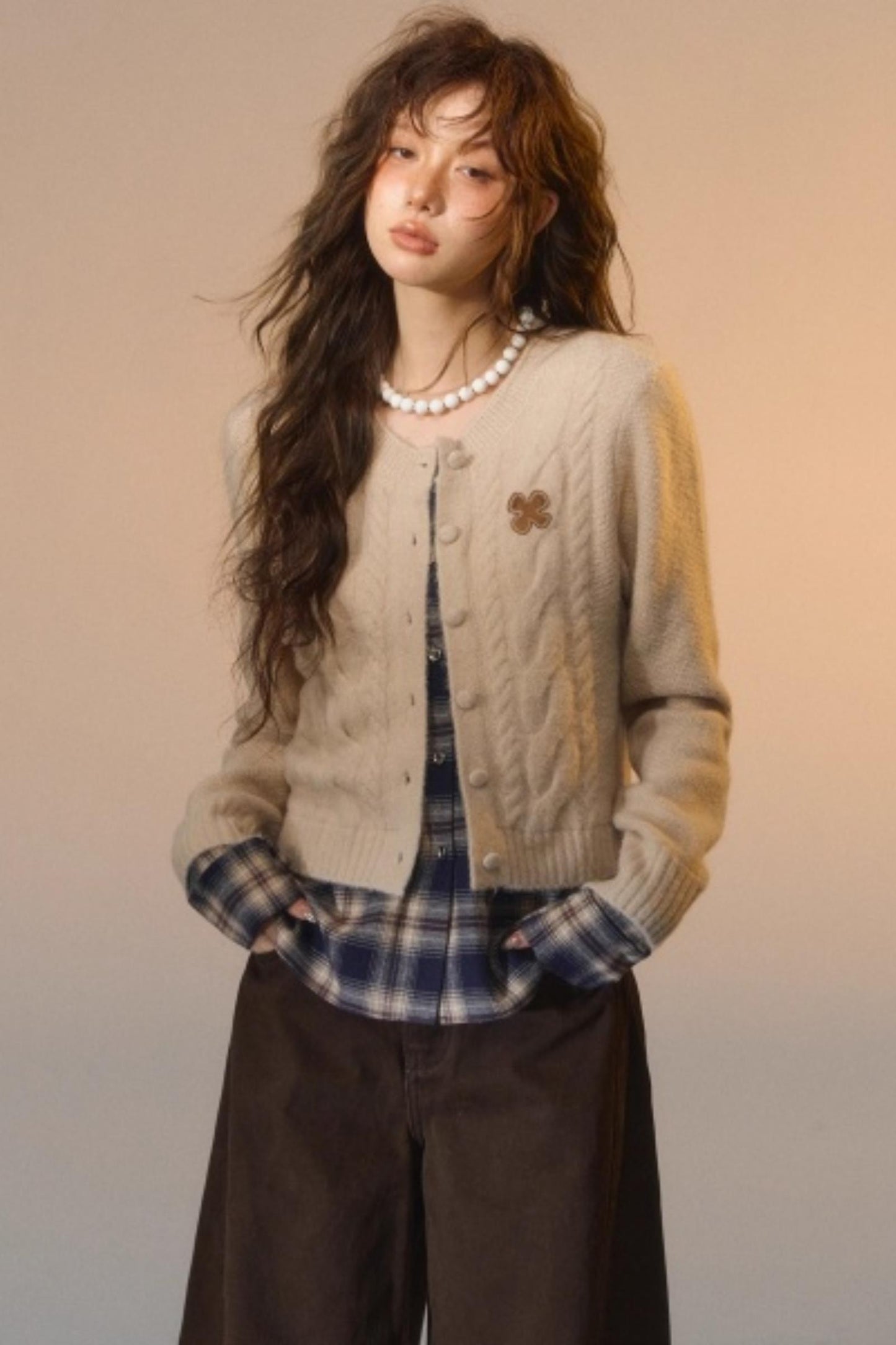 Plaid Patchwork Knit Cardigan