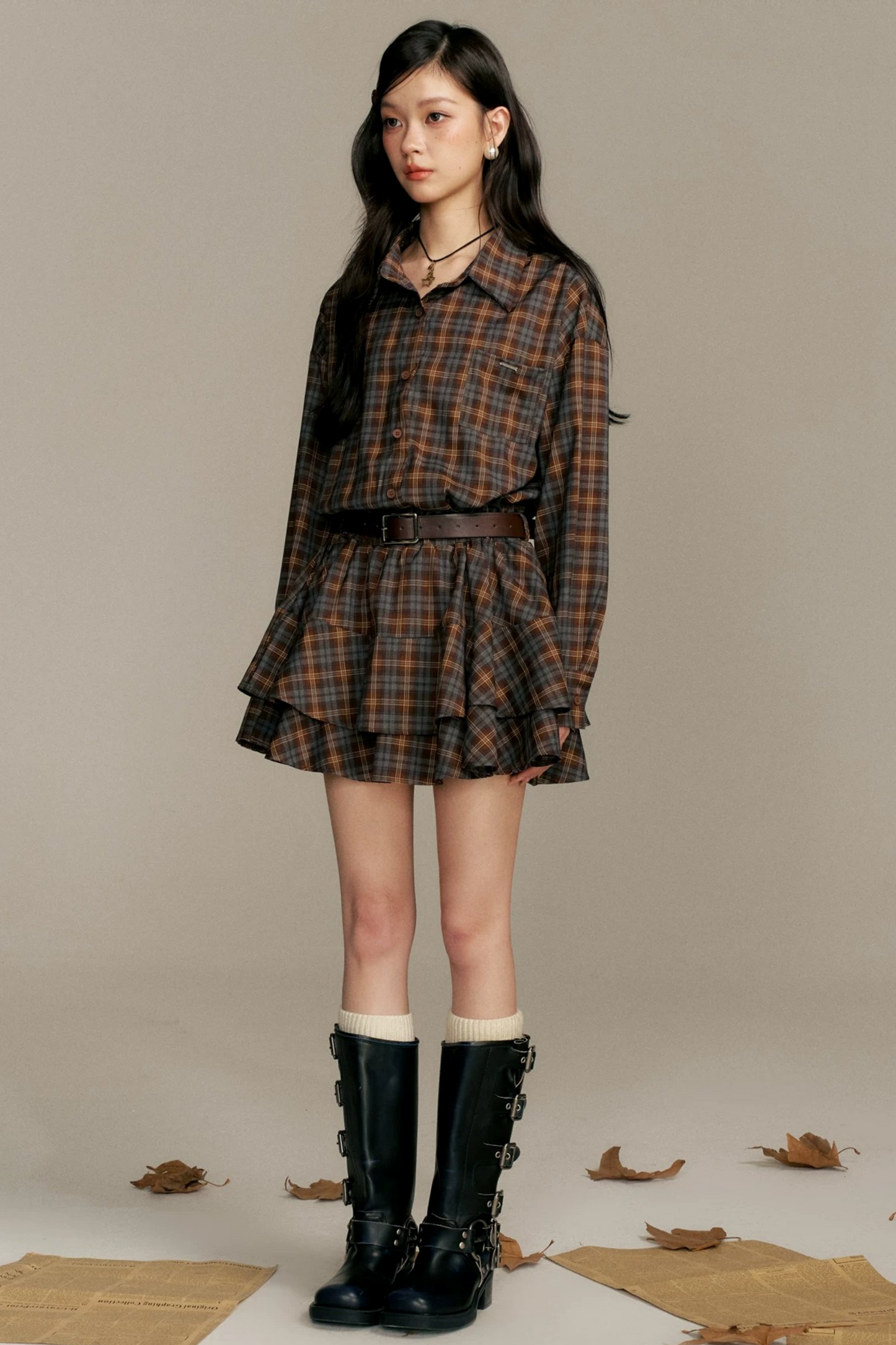 Shawl Paired Plaid Dress With Belt Set-Up