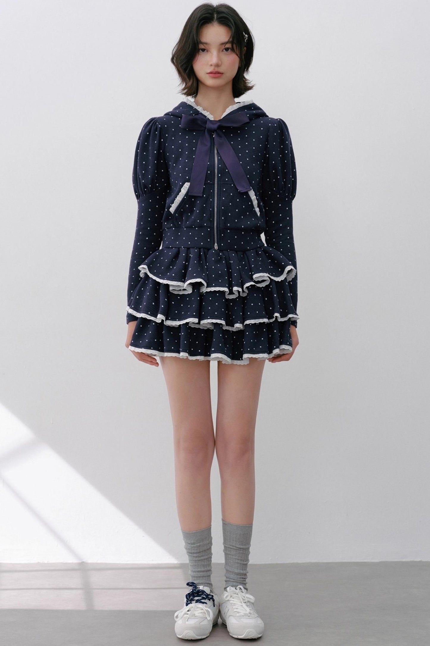 Hooded Polka Dot Tracksuit Skirt Set-Up