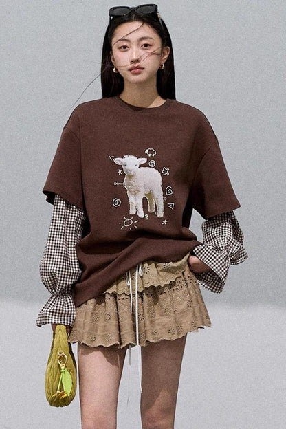 Lyocell Cotton Patchwork Plaid Sweatshirt