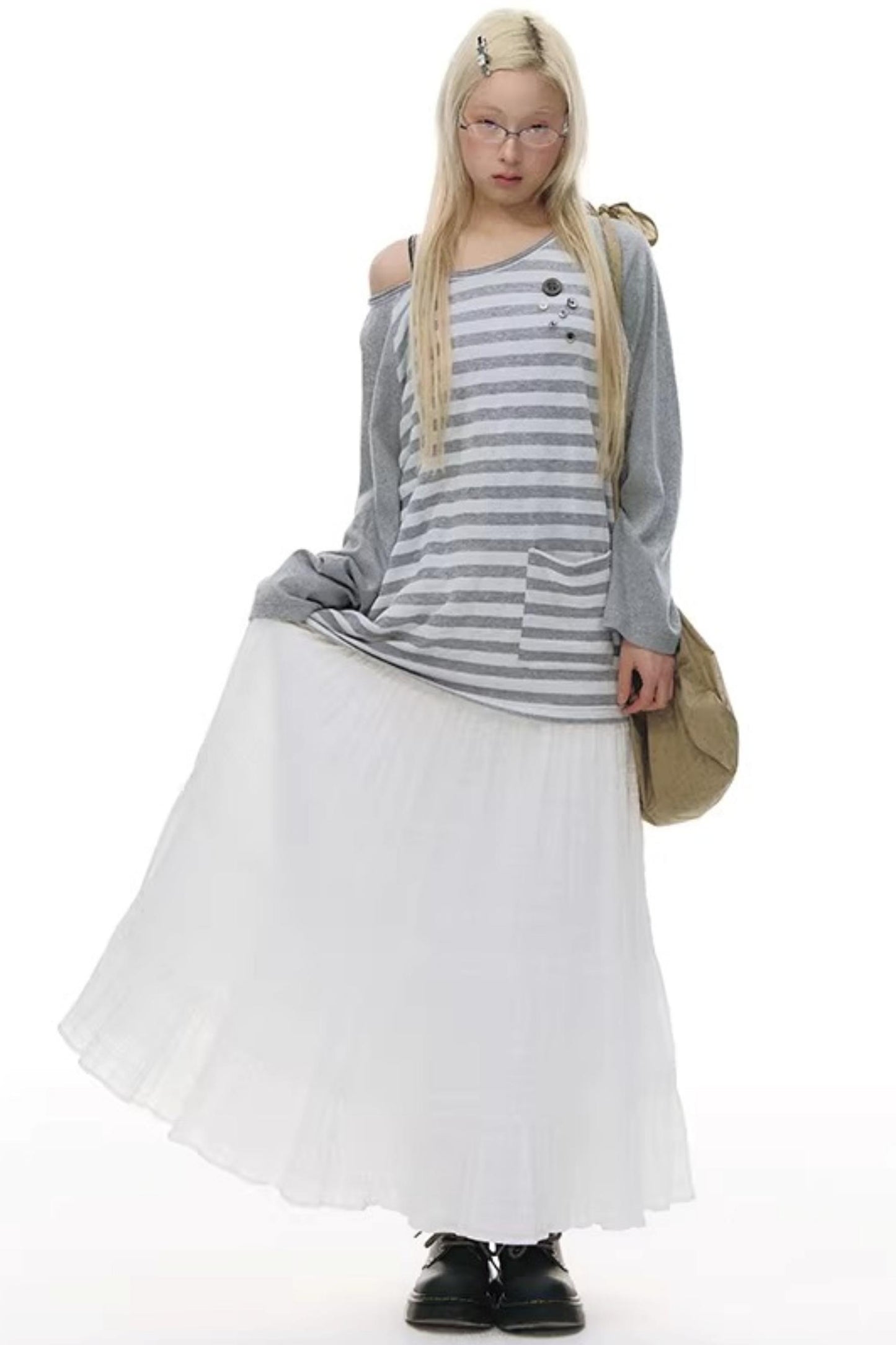 Button Striped Off-Shoulder Top