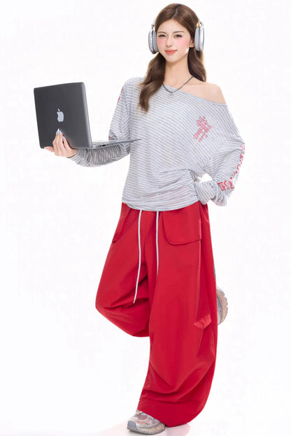 Retro Red Wide-Leg Pants