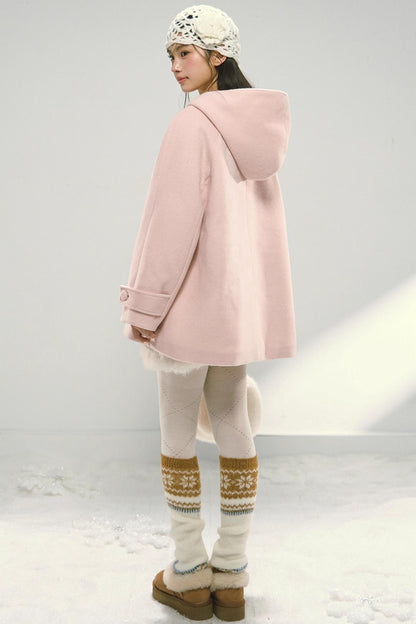 Pink Plaid Hooded Woolen Coat