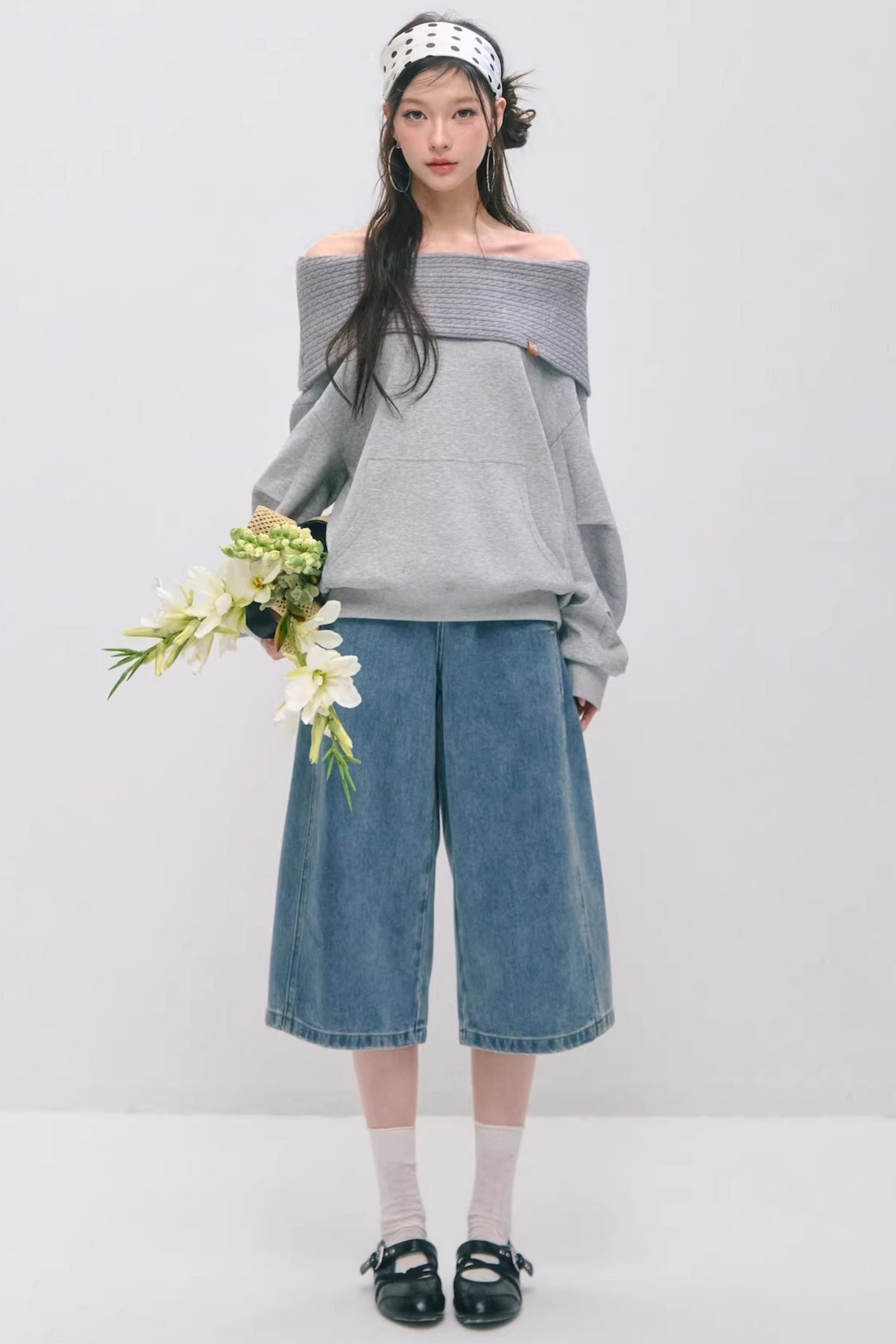 One-Line Collar Patchwork Sweater