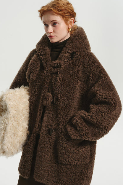 Hooded Horn-Button Full Wool Fur Jacket