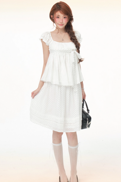 Polka Dot Bow Puff Sleeve Top Set-Up
