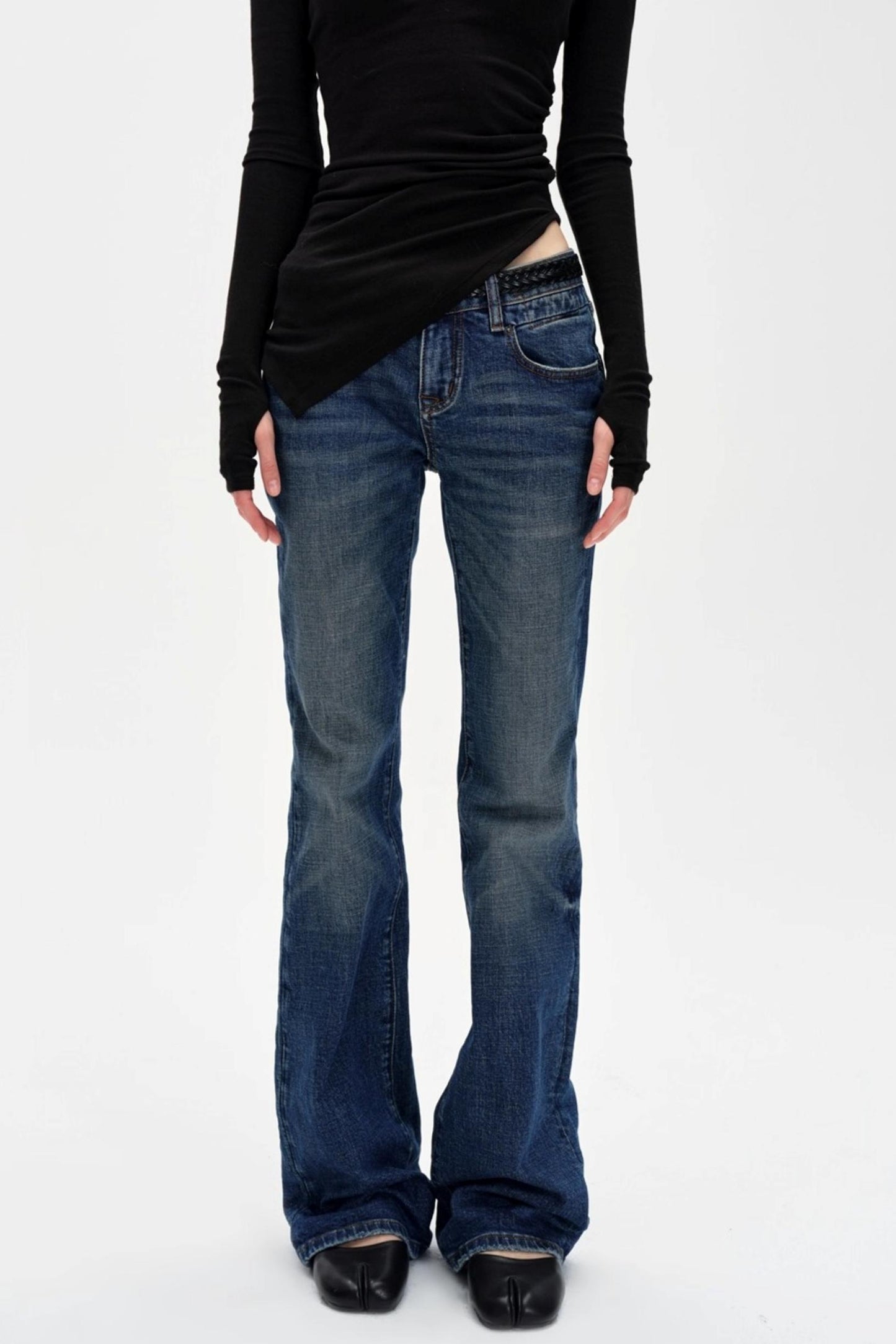 Retro Slim Draped Cotton Jeans