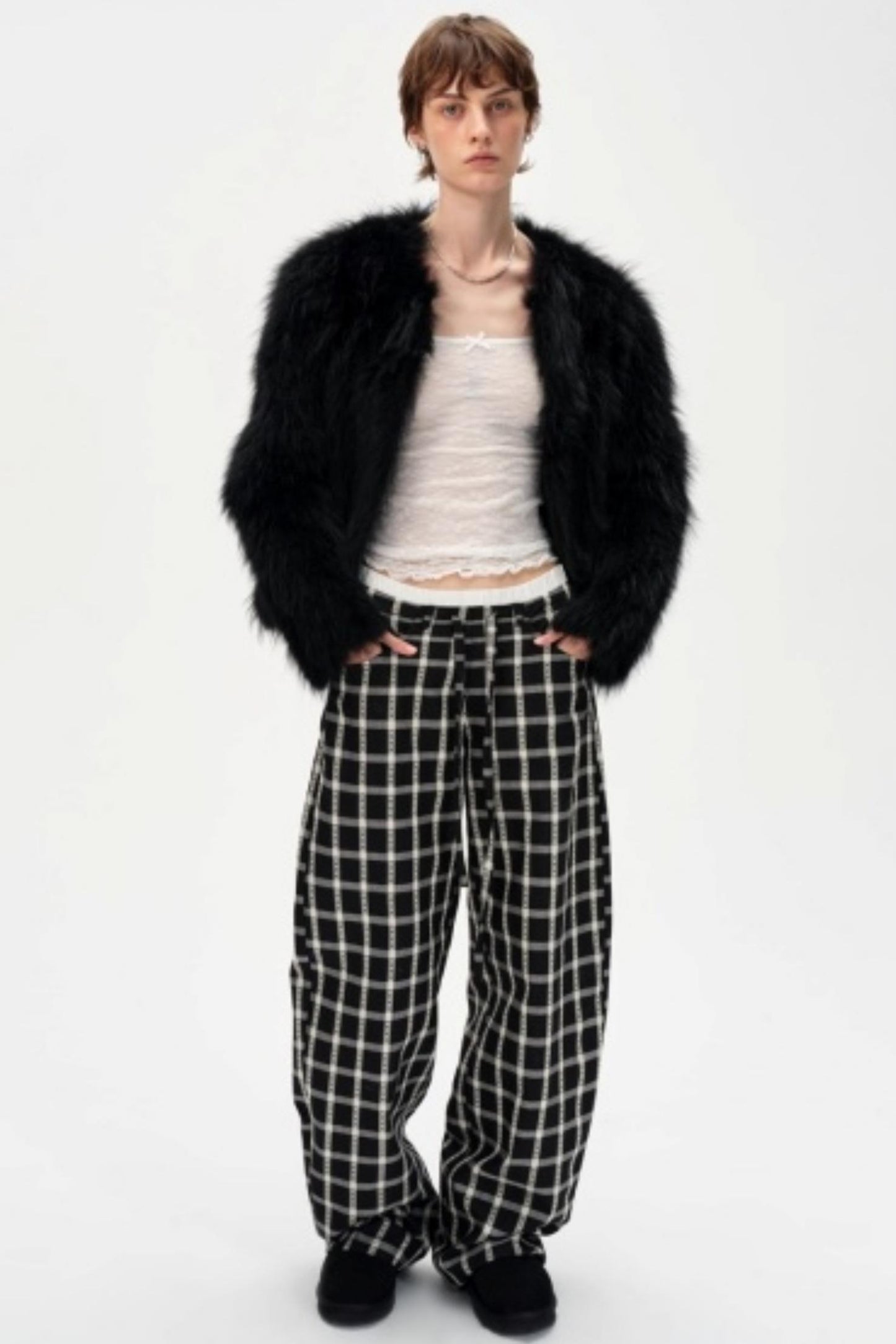 Lyocell Check Drawstring Cotton Trousers