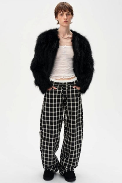 Lyocell Check Drawstring Cotton Trousers