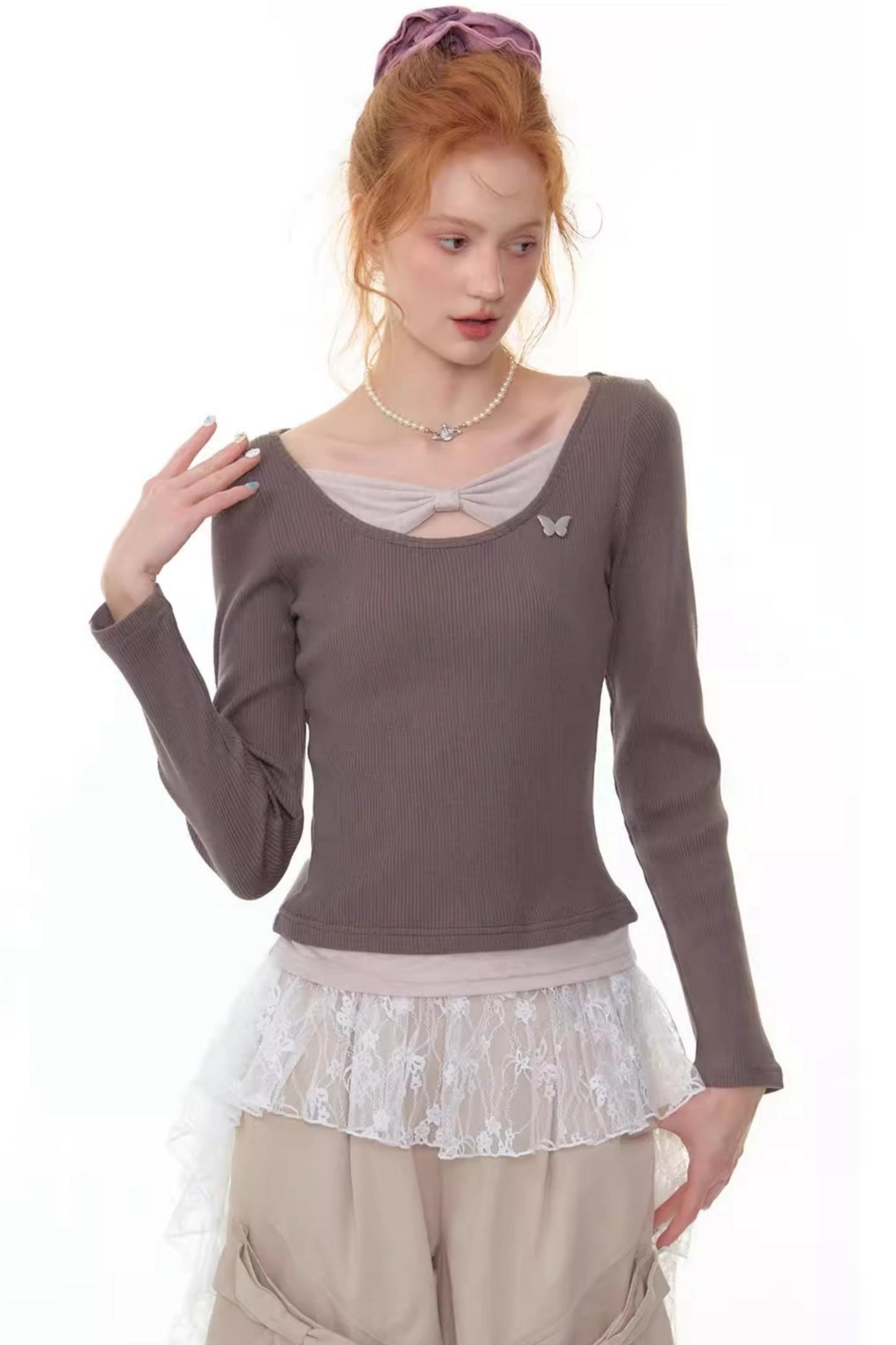 Fake Two Bow Long sleeve T-shirt