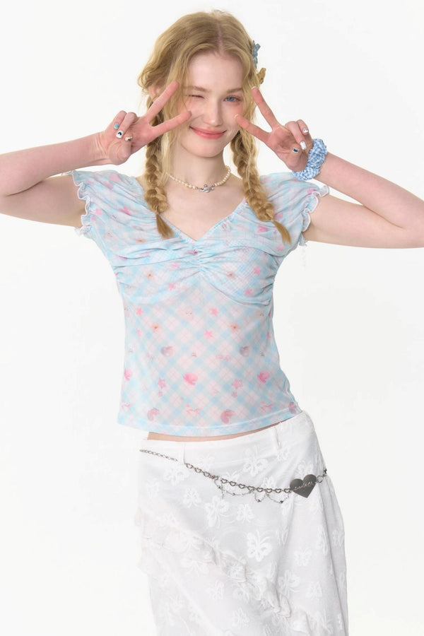 Blue Plaid V-Neck Tee