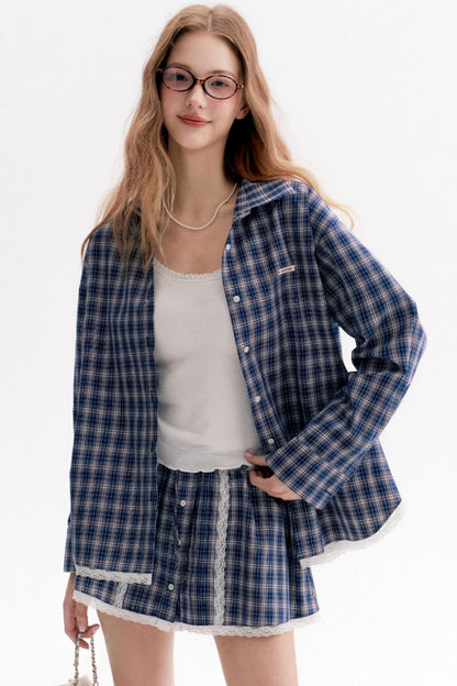 Lace Panel Check Loose Shirt Set-Up