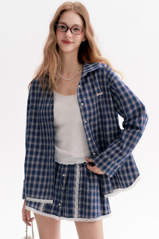 Lace Panel Check Loose Shirt Set-Up