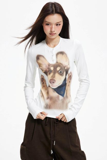 Puppy Print Crew Neck Knit Slim Top