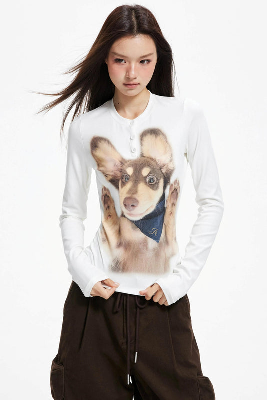 Puppy Print Crew Neck Knit Slim Top