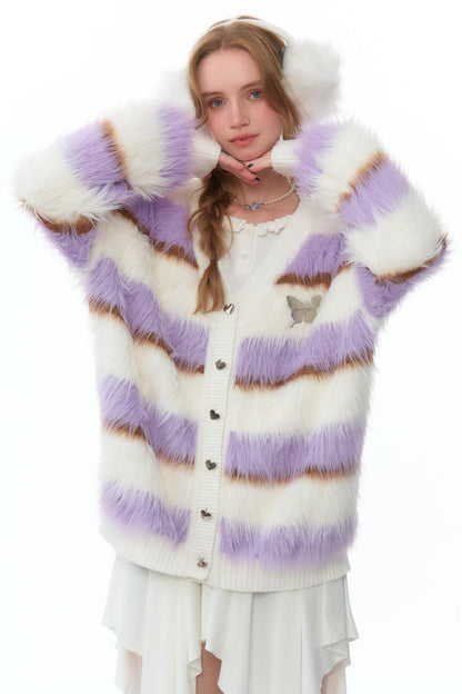 Purple and White Striped Knitted Cardigan