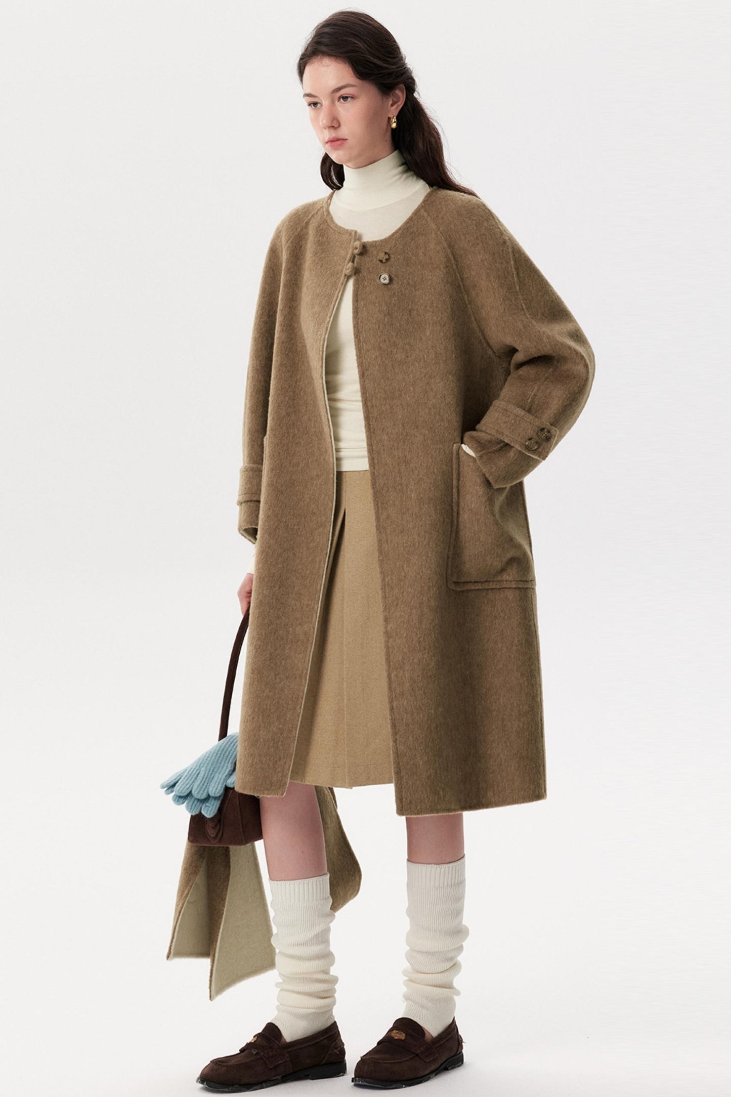 Brown Wool Scarf Collar Outwear