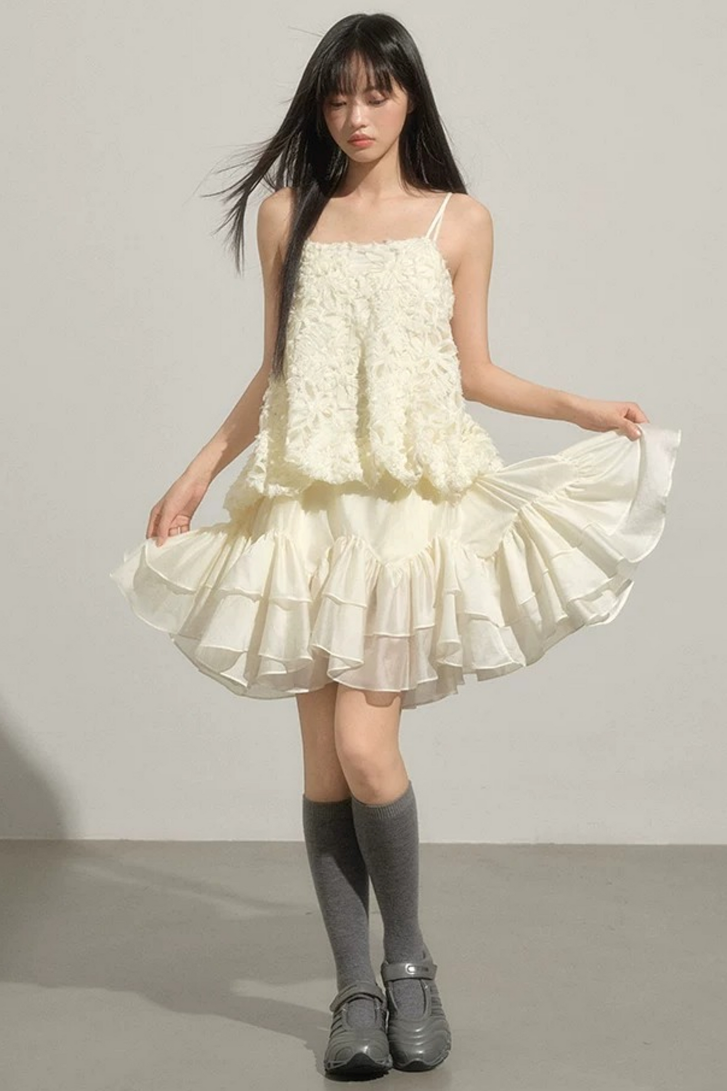 Layered Milk-White Floral Dress Set