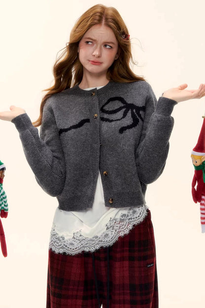 Bow Jacquard Cardigan Sweater