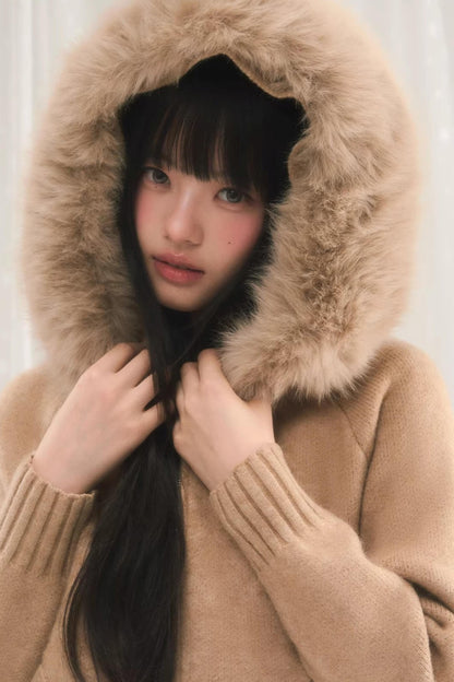 후드 니트 퍼 재킷