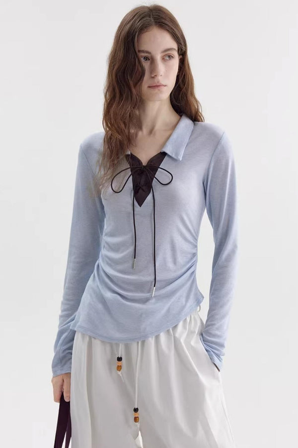 Color-Blocked Bow-Tie Polo Top