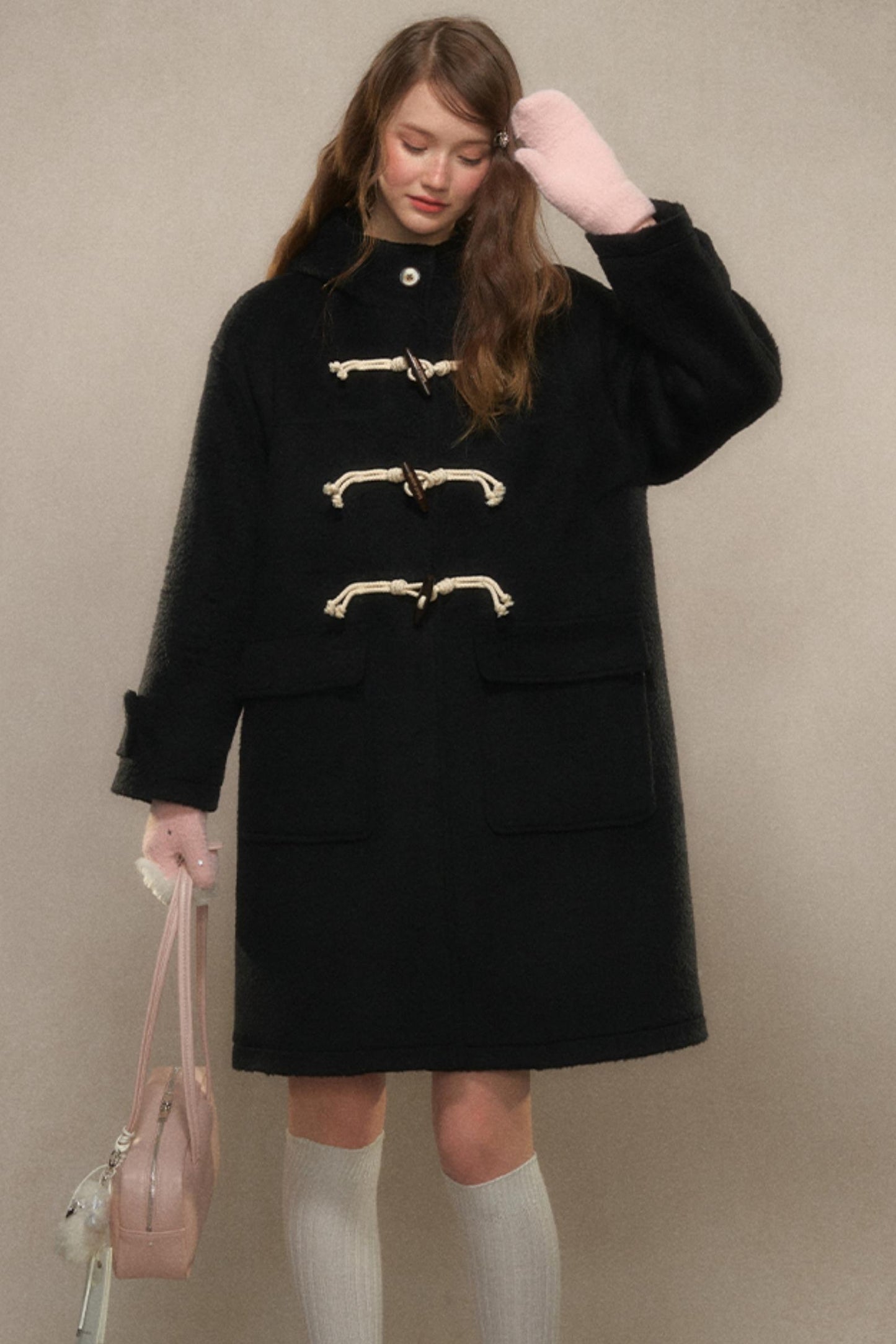 Elegant Black Horn-Button Tweed Coat