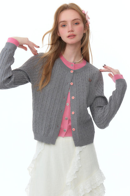 Contrast Stitching Twist Knit Cardigan