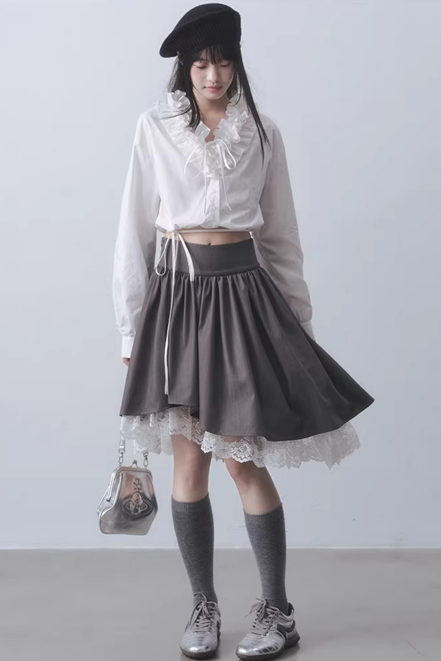 Gray Lace Asymmetrical Skirt