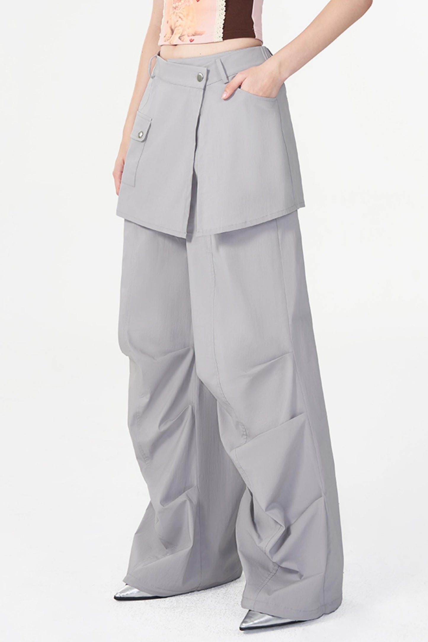 Gray Layered Pleat Work Trousers